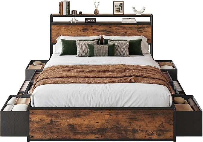 LIKIMIO Queen Bed Frame with 12 Fabric Storage Drawers, Industrial Platform Bed Frame with Headboard, No Box Spring Needed, Sturdy Metal Slat Support, Rustic Brown, Noise-Free, Easy Assembly
