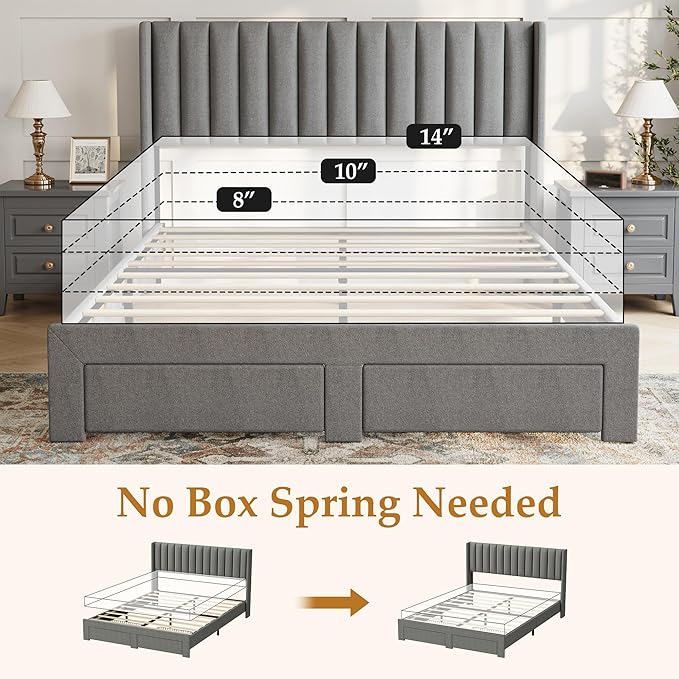 GarveeHome Full Size Bed Frame, Bed Frame Upholstered Platform Bed with Velvet Headboard, Wing Edge Design, 2 Storage Drawers, No Box Spring Needed, Grey