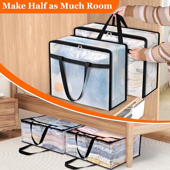 TasticTotes 4 Pack Clear Storage Bags for Comforter, Clothes & Bedding, Plastic Blanket Storage with Zipper and Handle, Moving Bags, Closet Organizer and Under-Bed Storage (40L)
