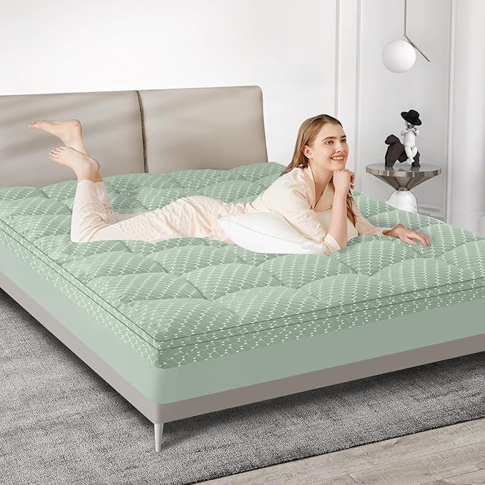 Dual Layer 3 Inch Memory Foam Mattress Topper Queen Size, 2 Inch Gel Memory Foam Plus 1 Inch Cooling Pillow Top Mattress Pad Cover, with 8-21 Inch Deep Pocket, Green