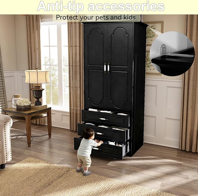 FJTJBSI Armoire Wardrobe Closet with 3 Drawers and LED Light 72" Wooden Bedroom Armoire with 2 Doors and Retro Ceramic Door Handles Modern Wardrobe Cabinet with Removable Hanging Rod Black