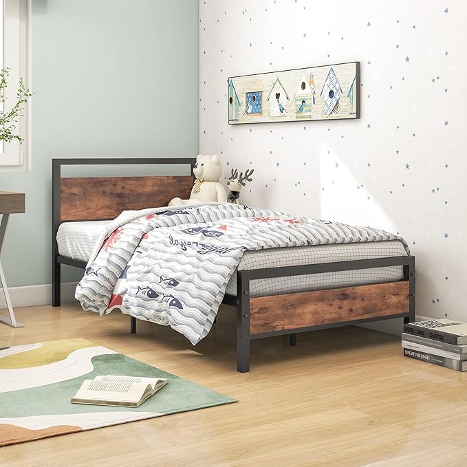 HOJINLINERO Metal Twin Size Bed Frame with Wood Headboard,Platform Bed Frame Twin,Bed Base Steel Slats,No Box Spring Needed,Black and Rustic Brown