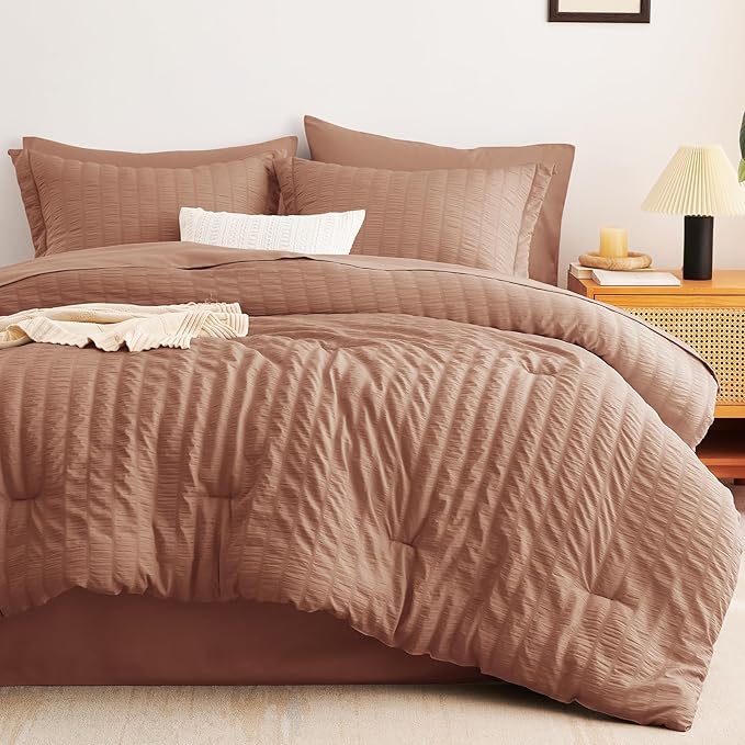 CozyLux Queen Comforter Set Mocha Mousse Seersucker 7 Pieces Bed in a Bag Queen Comforter Set with Sheets, Luxury Bedding Sets with Down Alternative Comforter, Sheets, Pillowcases & Shams All Seasons