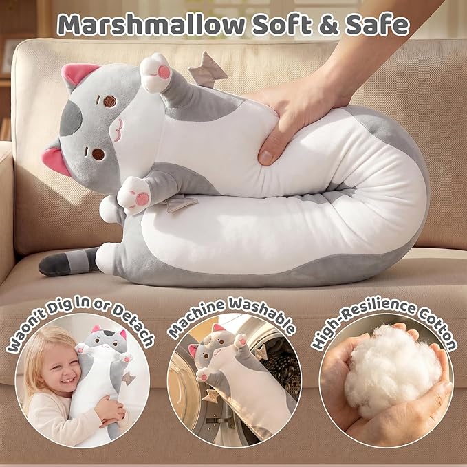 Mewaii 20” Long Cat Plush 5 Sizes, 120% Extra Filling Giant Plushness Kids Body Pillow, Kawaii Cute Grey Cat Stuffed Animals Plushies, Big Long Body Pillow Cat Plush Gift for Girls 20”