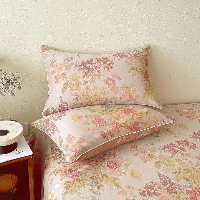 VM VOUGEMARKET Pastoral Double Layer Gauze Cotton Duvet Cover Set – Peach Blush Floral Jacquard,Cozy Reversible Vintage Bedding Set King Size