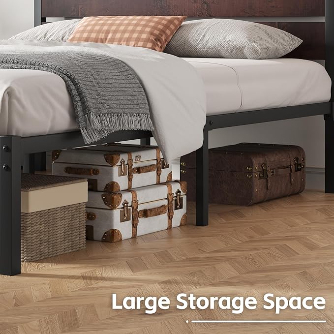 Fluest Queen Bed Frame with Headboard and Footboard, with Under Bed Storage, All-Metal Support System, No Box Spring Needed, Easy Assembly, Red Brown