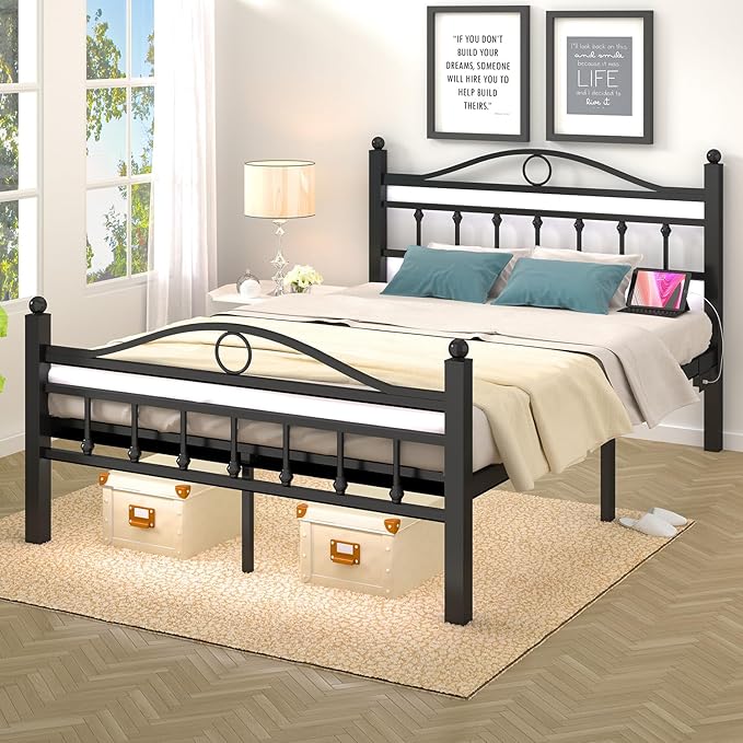 Jenmit Queen Size Bed Frame with Headboard, Metal Platform Bed Frame with Charging Station & LED Lights, Storage Space Under Bed, No Box Spring Needed, Noise Free, Easy Assembly, Black