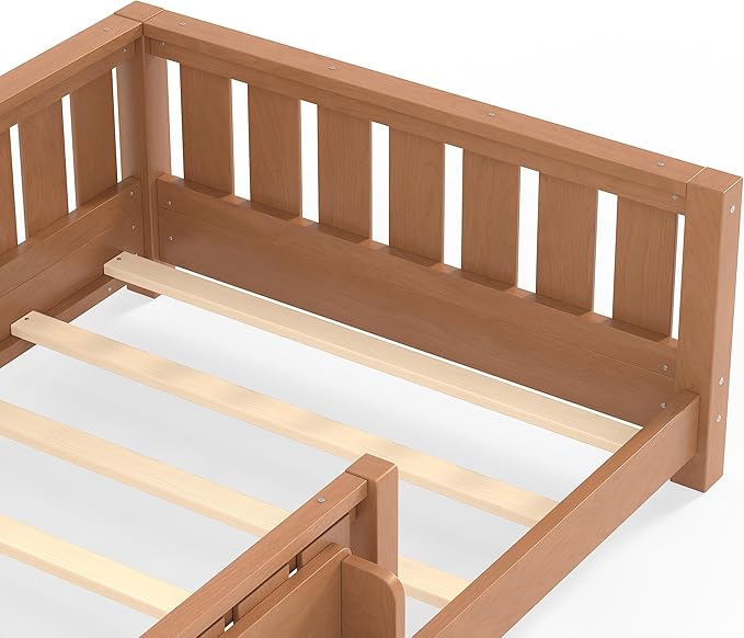 Bellemave Twin Size Kids Montessori Bed with Bookshelf,Solid Wood Twin Floor Bed Frame with Fence and Slats for Girls Boys,Low-Profile,Dark Natural