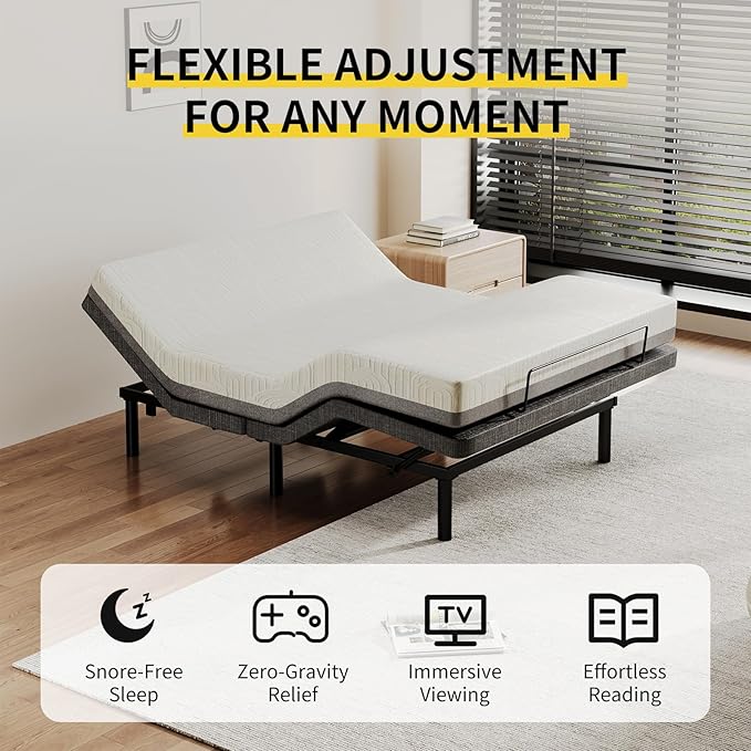 MULIN Twin XL Adjustable Bed Base with Massage & LED Under-Bed Lighting, 6 Vibration Modes, 2 USB Ports, Wireless Remote, Head/Foot Incline, 6" Adjustable Legs | 6 Vibration Modes, 2 USB Ports, Wireless Remote, Head/Foot Incline, 6" Adjustable Legs, He...