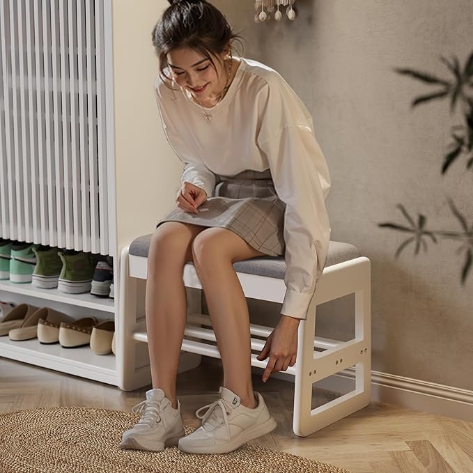AQIMUELE Shoe Rack Bench,2 Tiers Shoe Bench with Storage with Flip-Top,Wood Shoe Rack for Entryway,Hallway(White Upholstered Seat,11.8" D x 23.62" W x 15.7" H)