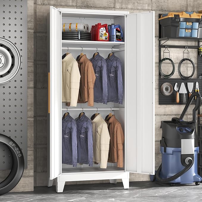 72" Tall Metal Armoire Wardrobe Closet - Large Clothing Storage Cabinet with Mirror Doors, 2 Hanging Rod & Adjustable Shelve - Closet Organizer for Bedroom, Office, Laundry Room, Garage - White
