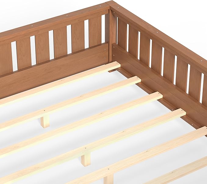 Bellemave Full Size Kids Montessori Bed with Bookshelf,Solid Wood Full Floor Bed Frame with Fence and Slats for Girls Boys,Low-Profile,Dark Natural