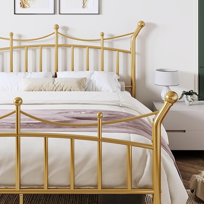 Allewie 14 Inches Queen Size Metal Platform Bed Frame with Elegant Crown Iron-Art Headboard & Footboard, Sturdy Mattress Foundation with Under-Bed Storage, Easy Assembly, No Box Spring Needed, Gold