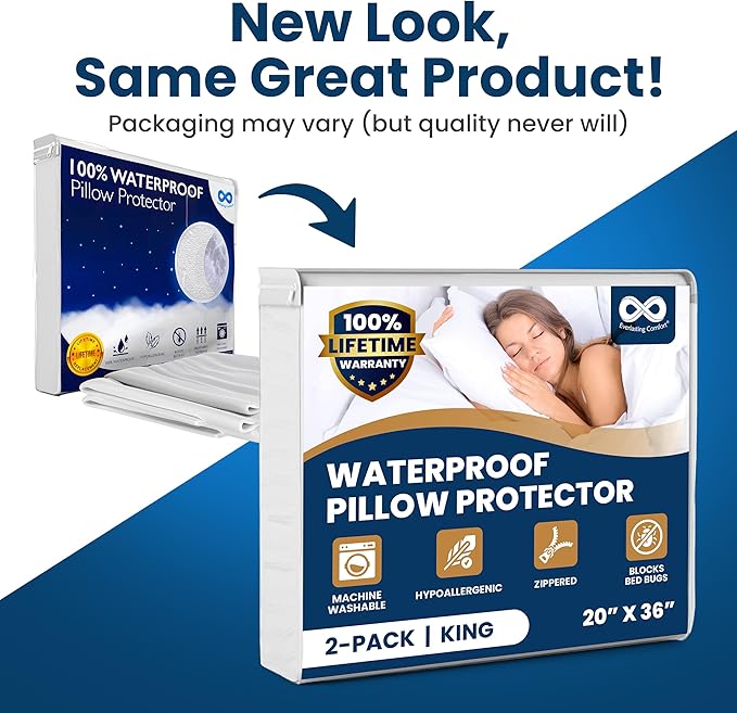 100% Stain Resistant & Waterproof King Size Pillow Protectors with Zipper Set of 2 - Bed Bug & Dust Mite Proof White Pillowcases - Breathable, Comfortable Pack of Covers for Pillows, 20 x 36 Inches