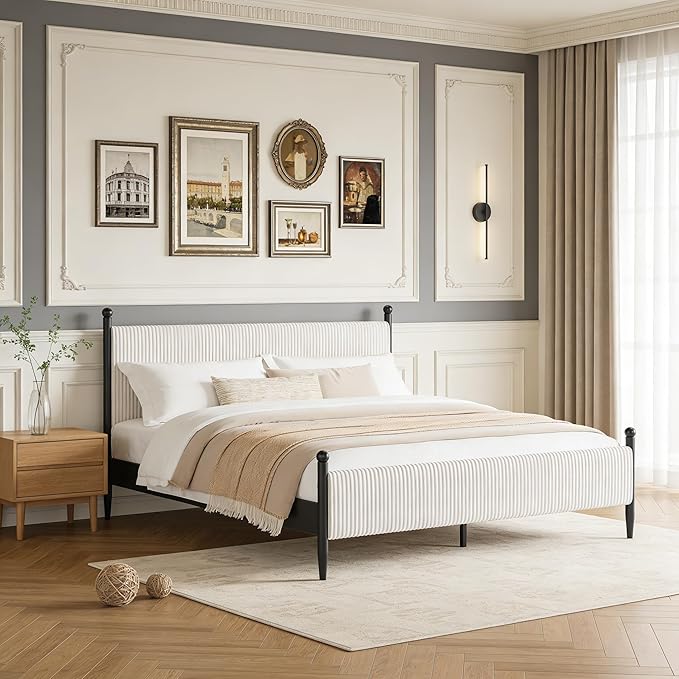 Garvee King Size Upholstered Bed Frame - with Velvet Headboard, Soft Corduroy Fabric Platform with Wooden Slats Support & Heavy Duty Feet, No Box Spring Needed, Noise Free, Easy Assembly, White