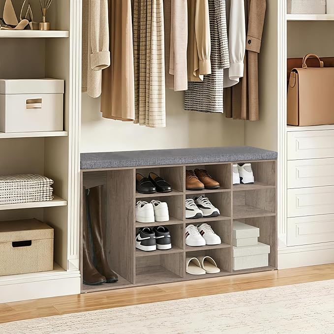 DINZI LVJ Shoe Storage Bench with Cushion, 14-Cubby Shoe Rack, Adjustable Shelves, Multifunctional Shoe Organizer Bench for Entryway, Mudroom, Hallway, Living Room, Bedroom and Garage, Greige