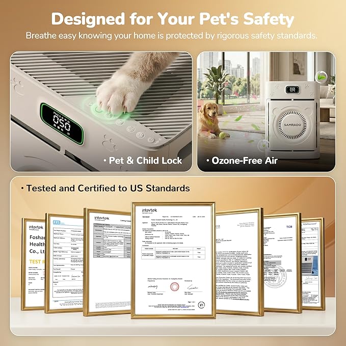 Smart Pet Hair Air Purifier For Home Large Room 2500 Sq Ft, True H13 HEPA Filter, Actively Sucks Up Dander Odor Smoke, Washable Mesh, WiFi App Control, White