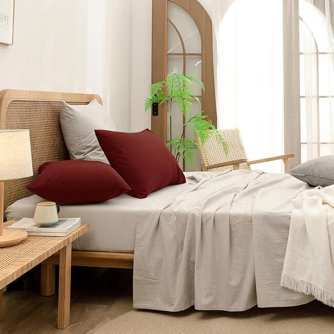 BESTOUCH 100% Washed Cotton Pillowcase for Hair and Skin Linen Feel Soft Comfortable Breathable 2 Set Pillow Case with Envelope Closure Solid Fired Brick Red Queen 20x30 Inches