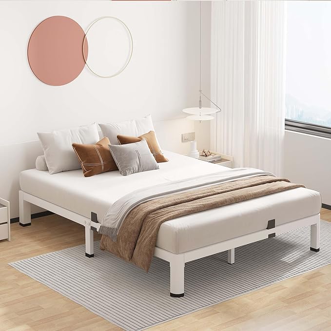 ROIL 7 Inch White Full Bed Frame with Rounded Corner and Mattress Retainers, 3500LBS Heavy Duty Steel Slats No Box Spring Needed Platform Noise-Free Easy Assembly