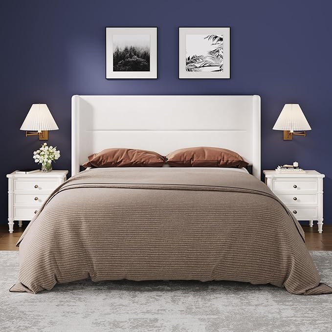 Garvee Full Size Bed Frame with Wingback Headboard, Velvet Upholstered Platform Bedframe with Wood Slats, No Box Spring Needed, Easy Assembly, White