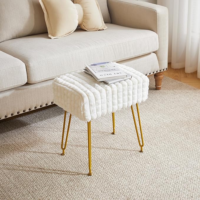 IBUYKE Rectangular Footrest Stool Ottoman, Makeup Vanity Stool Side Table, Velvet Dressing Table Seat, Footstool Chair, Golden Steel Legs, for Makeup Room, Bedroom, Square Grid Pattern, White WBD003W