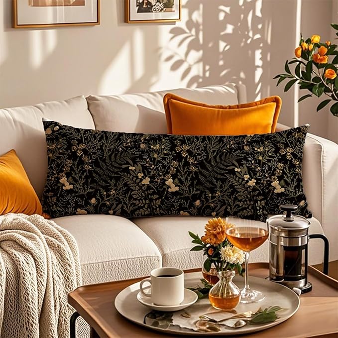 Moody Floral Botanical 20x54 Body Pillow Cover, Dark Aesthetic Room Decor, Rustic Dark Cottagecore Gold Plants Flower Botanical Decorative Long Body Pillow Cases for Bed Couch