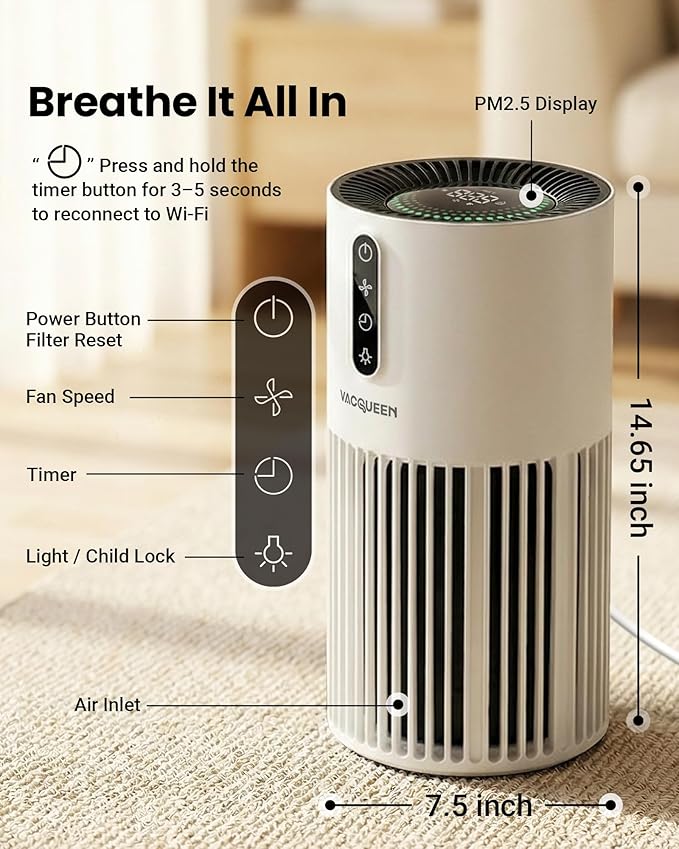 Smart Air Purifiers for Bedroom Home with Timer and Schedule, Cover 2200 Ft²and Quiet Sleep Mode, Washable Pre-Filter, WiFi HEPA Air Purifier For Remove Home Pets Odors, Smoke, Dust (White)