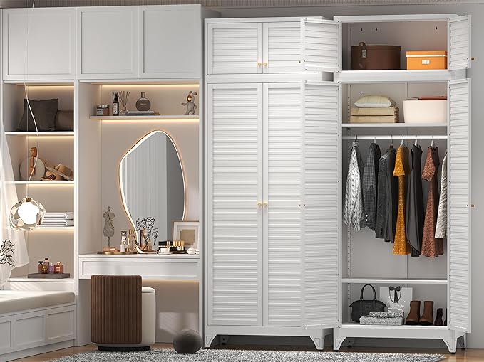 Polup Metal Armoire Wardrobe Closet, 86" Tall Wardrobe Armoire with Hanging Rod, Almirah for Clothes with Doors, 18" D x 32" W x 86" H, White, Assemble Required, Shipped in Two Packages