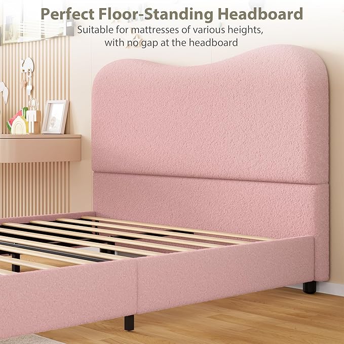 GarveeHome Boucle Queen Bed Frame with Upholstered Headboard, Soft Low Profile Sturdy Platform Bed with Rounded Corners Design, Heavy Duty, Wooden Slats, Noise Free, No Box Spring Needed, Pink