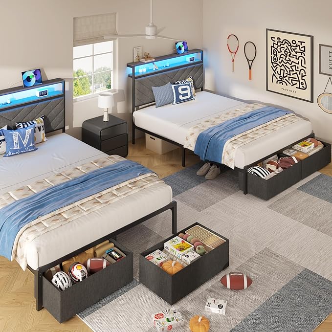 HISOFT Full Bed Frame with Charging Station, LED Lights & 2 Storage Drawers, Grey Platform Bed with Upholstered Headboard, Under-Bed Storage, No Box Spring Needed, Easy Assembly, Strong Support