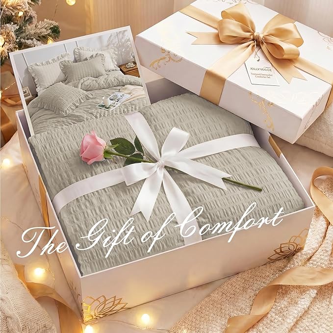 JOLLYVOGUE Queen Comforter Set, 3 Pieces Oatmeal Seersucker Comforters Queen Size, Lightweight & Fluffy Bedding Sets for All Season with 1 Ruffle Comforter and 2 Ruffle Pillowshams