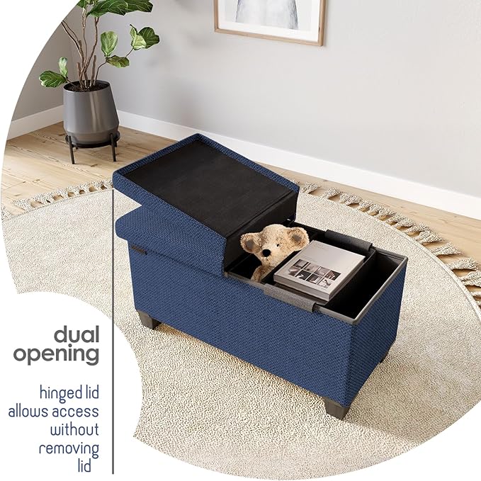 Storage Ottoman Bench with Bins, 30-in Storage Bench for Bedroom End of Bed, Folding Foot Rest Ottoman for Living Room Max 660lbs, Fabric Ottomans, Blue