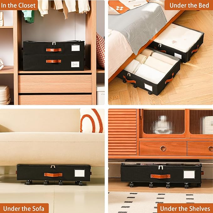 Freebat Under Bed Storage Organizer with Wheels, Underbed Container with Clear Lid Cover, Storage Bag Box with Visiable Window for Clothes, Bedsheet, Pillow, 2 Pack,5.5 inches