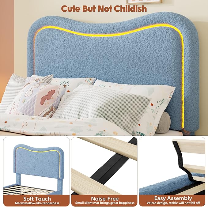 GarveeHome Upholstered LED Twin Bed Frames for Kids with 2 Drawers and Headboard, Cute Twin Bed with Storage for Girls, Boys, Sturdy Platform Bed, No Box Spring Needed, Wooden Slats, Noise Free, Blue