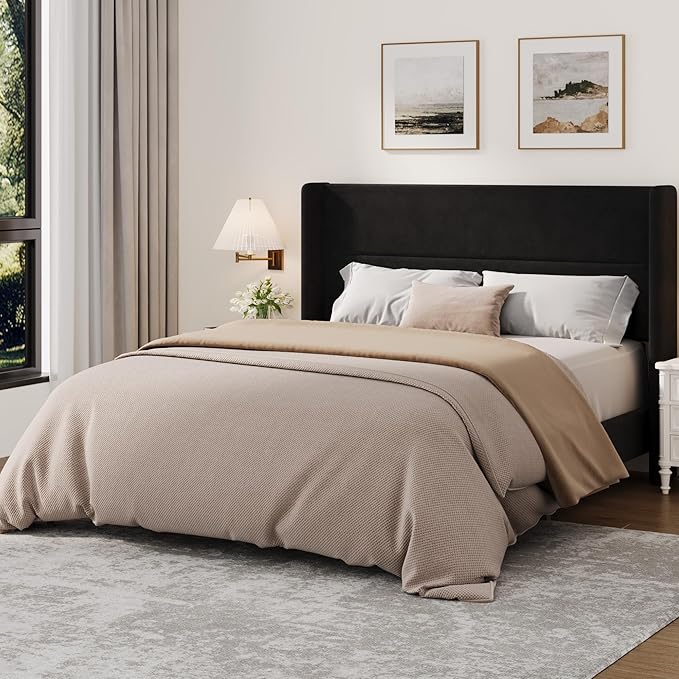 Garvee Queen Size Bed Frame with Wingback Headboard, Velvet Upholstered Platform Bedframe with Wood Slats, No Box Spring Needed, Easy Assembly, Black