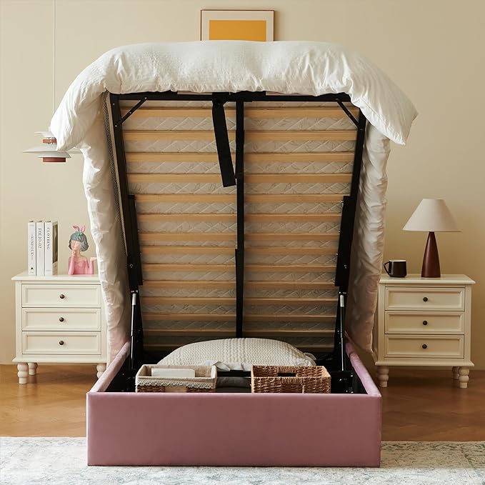 YUHUASHI Queen Size Hydraulic Storage Bed, Upholstered Platform Bed Frame, Modern Wingback Design Headboard, Velvet Fabric with Hydraulic Support Bars, No Box Spring Required (Pink, Twin)