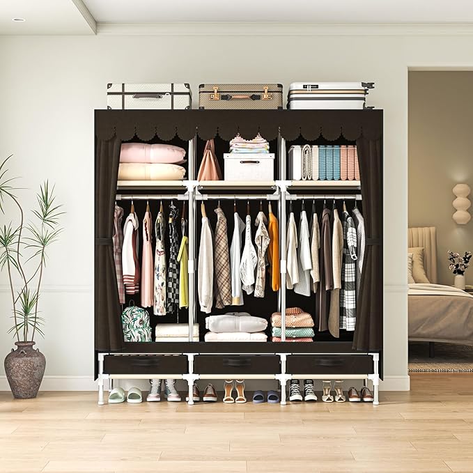 Portable Amories Closet Wardrobe with Non Woven Fabric Cover,59 Inch Large Metal Clothes Rack Storage Closet with 3 Hanging Rods,3 Drawers and 3 Storage Shelves,Brown,for Small Room
