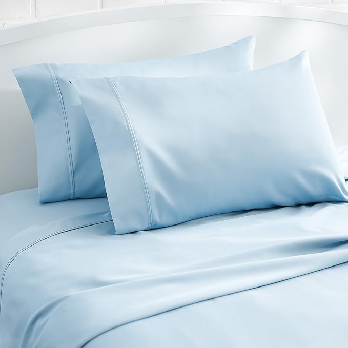 Amazon Basics 400 Thread Count 100% Cotton Pillow Cases, Sateen Weave, King Size, 40" x 20", Smoke Blue, Set of 2