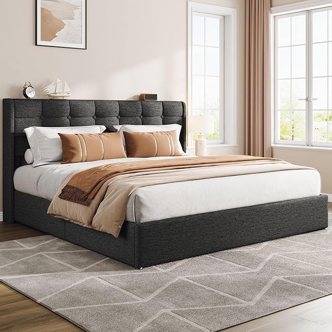 Lift Up King Size Bed Frame with Storage, Upholstered King Bed Frame with Wingback Headboard, No Box Spring Needed, Easy Assembly - Dark Grey