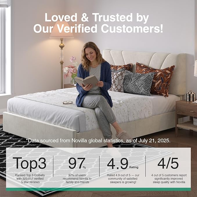 Novilla Full Size Bed Frame with Drawers, Full Size Bed Frame with Headboard, Full Bed Frame with LED Lights, Charging Station and Adjustable Headboard, No Box Spring Needed, White Velvet