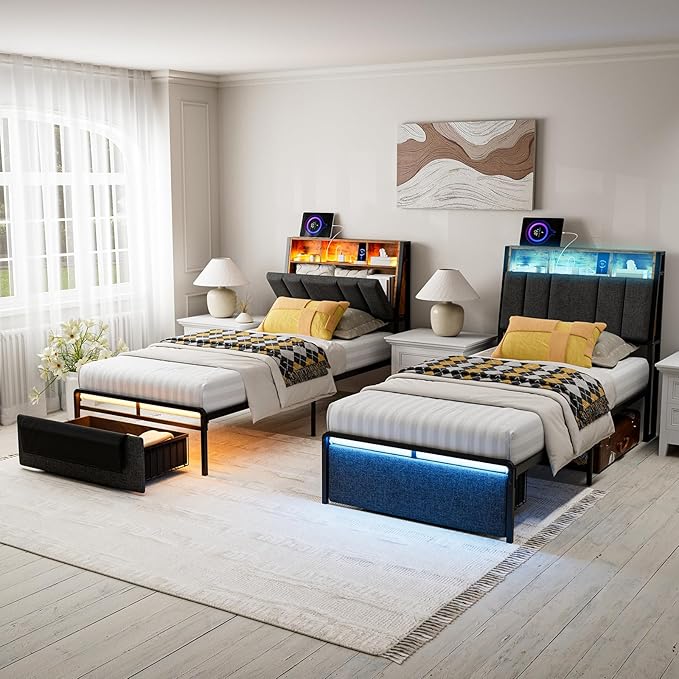 IKIFLY Twin XL Bed Frames with Ergonomic Hidden Storage Headboard & Dustproof Storage Drawer, Upholstered Twin XL Platform Bed with Charging Station and LED Lights, No Box Spring Needed, Dark Grey