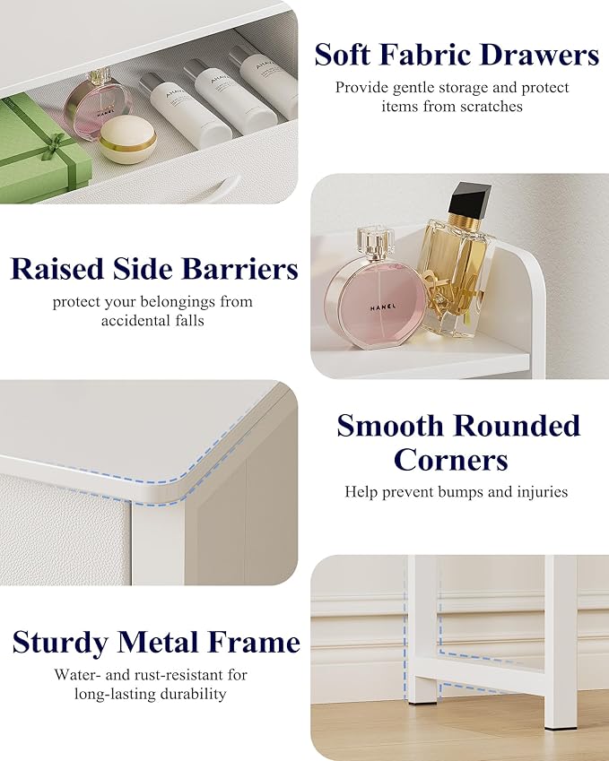 Kitsure Vanity Desk with Mirror and Lights - Large Capacity Makeup Vanity with 4 Fabric Storage Drawers & 3 Lighting Modes, Vanity Table Set with Sturdy Metal Frame for Bedroom, White, 35" x 17" x 52"
