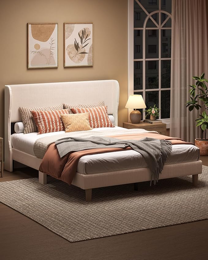 Bestier Queen Size Bed Frame with Wingback Headboard,Platform Queen Upholstered Bed with Strong Wooden Slats,No Box Spring Needed,Never Squeaks,Easy Assembly,Beige