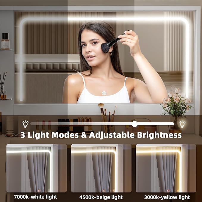 YITAHOME Vanity Desk Set- L Makeup Vanity with Mirror and Lights 3 Lighting Modes, 48" Large Makeup Table with 5 Tempered Glass Drawers with Open Storage Shelves Vanity Table, White