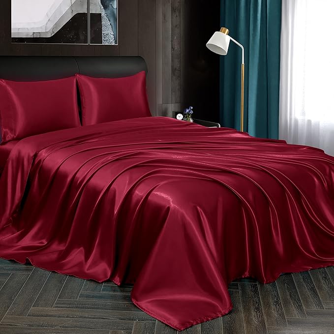 Homiest 4pcs Satin Sheets Set Luxury Silky Satin Bedding Set with Deep Pocket, 1 Fitted Sheet + 1 Flat Sheet + 2 Pillowcases (Queen Size, Burgundy)