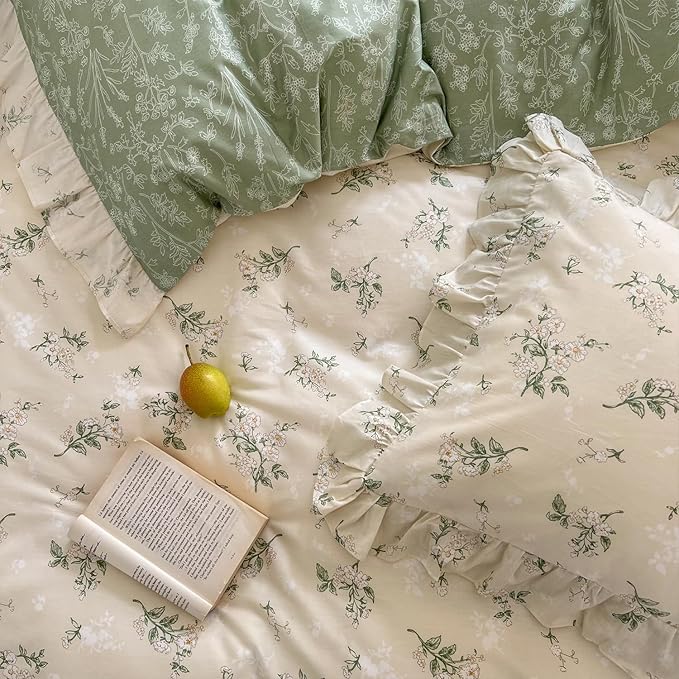 mixinni Reversible Sage Green Floral Duvet Cover Set Full Size - 100% Cotton Soft Botanical Bedding with Ruffle Lace, 3 Pieces Cute Aesthetic Cottagecore Antique Style Duvet Cover Set for Girls Women