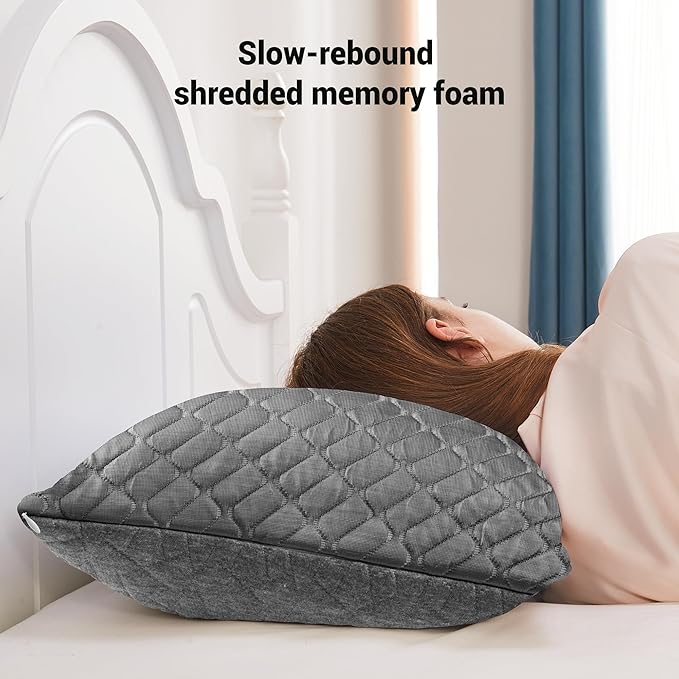 puredown® Pillows Standard Size Set of 2, Shredded Memory Foam Pillows, Cooling Pillow for Sleeping, Bed Pillows Standard Size with Adjustable Foam for Side, Back and Stomach Sleepers, Grey