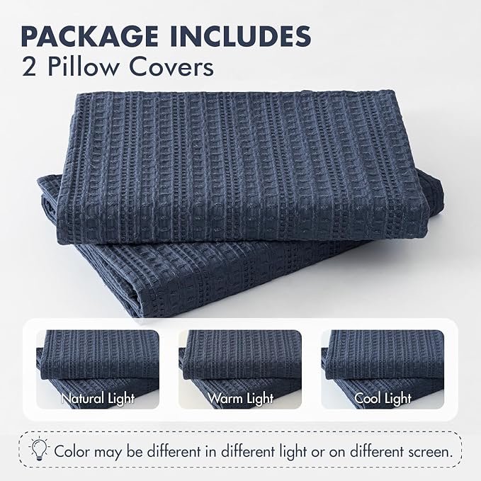 Set of 2 Decorative 100% Cotton Waffle Euro Sham Pillow Covers 26x26, Neutral Throw Pillows Weave European Cushion Cases for Couch Sofa Bed Modern Farmhouse Home Decor, Navy Blue