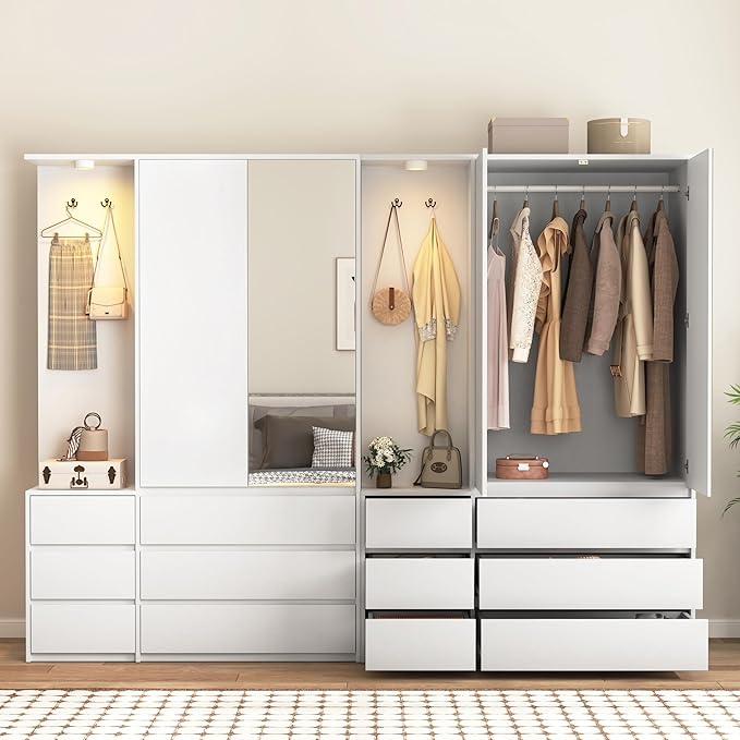 Armoire Wardrobe Closet with Mirror Door and LED Light, Bedroom Armoire with 6 Drawers, Modern Wooden Large Wardrobe Closet with Shelves, Wooden Armoire with Hanging Rod for Bedroom(White)