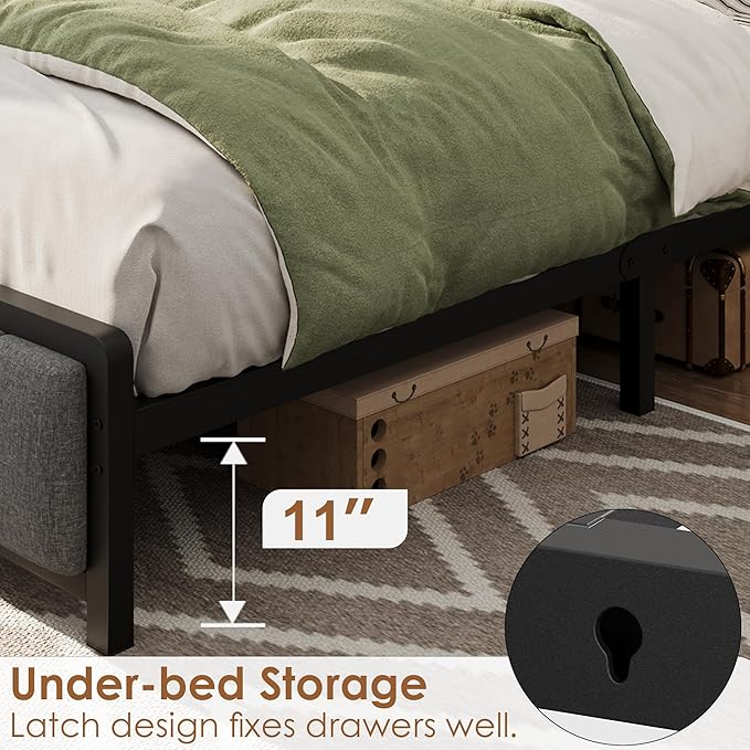 GAOMON Full Size Bed Frame with Storage Headboard and 2 Drawers, Linen Upholstered Platform Bed Frame with Charging Station, Heavy Duty, No Box Spring Needed, Easy Assembly, Noise Free, Grey&Brown